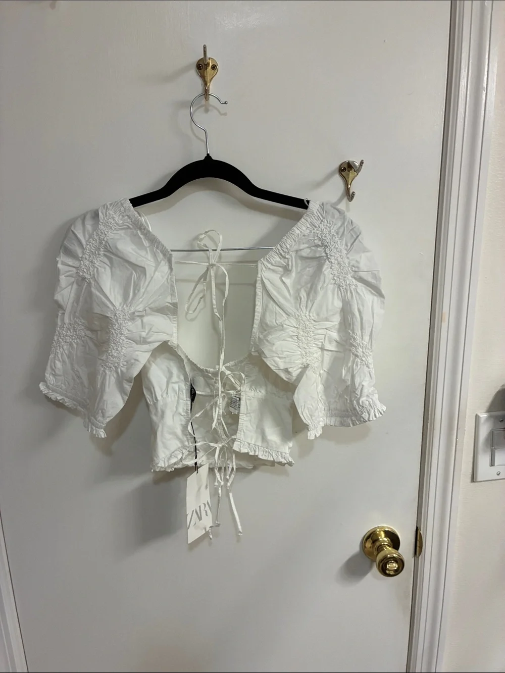 NWT-Zara White Puff Sleeve Tie-Front Crop Top-Sz L